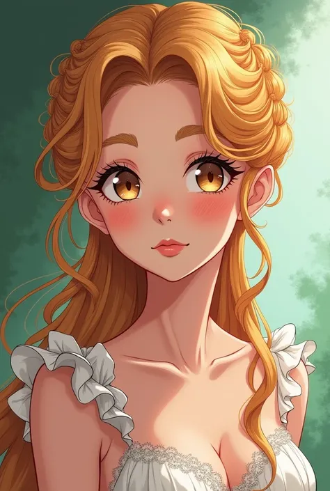 Create an anime art of my original character Lilly Collins who is an embodiement of Louisiana, a young lady at the age of seventeen. She has long, light orange hair that is always worn in inticate and beautiful up-does and honey brown eyes. She aspires to ...