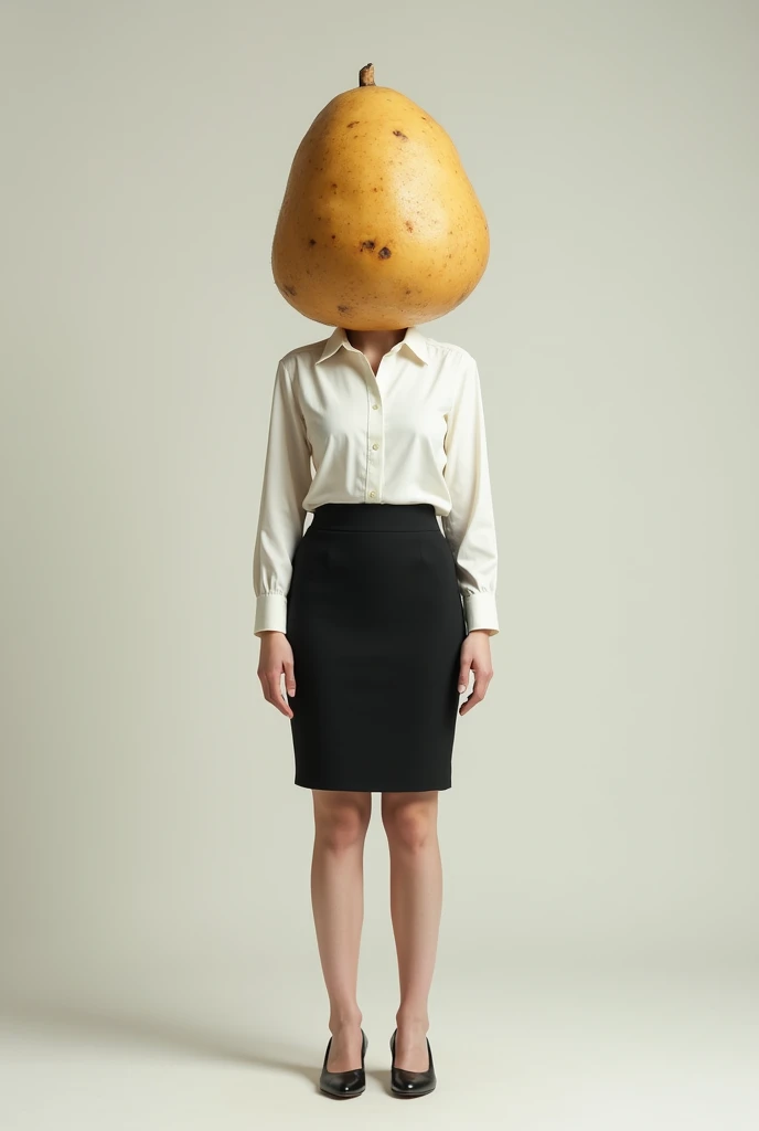 Show me a girl dressed as an office with a potato instead of her head