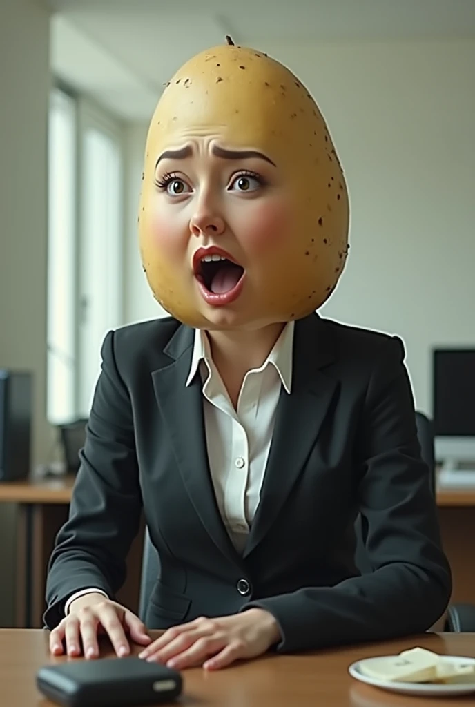  show me a girl dressed as an office with a potato instead of her head, Add her eyes and fleshy mouth ,  she must be in the office while working as a businesswoman  