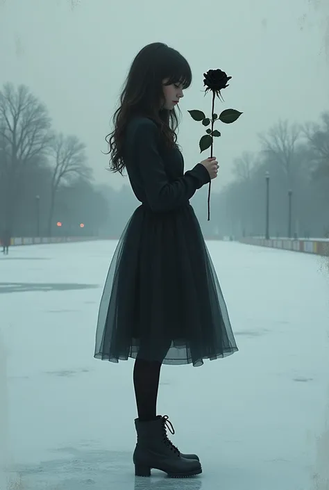 create a book cover on which there will be a girl on the background of the rink, let the girl not see her face and let her hold a black rose in her hands