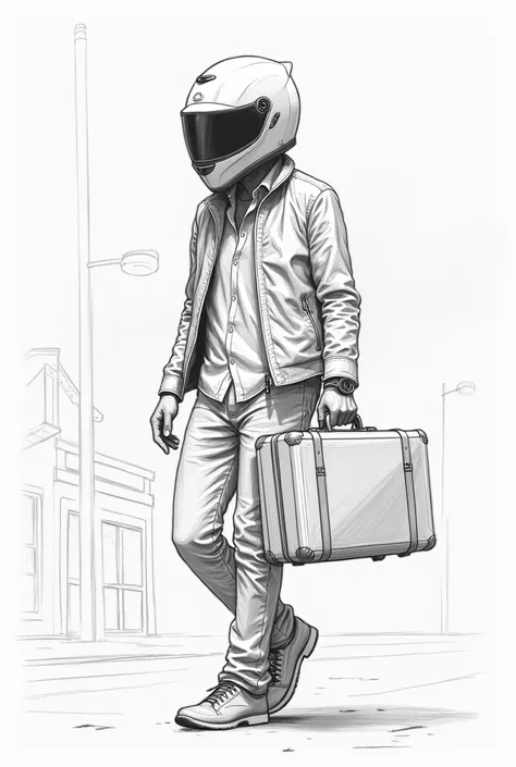 Drawing of a person wearing a motorcycle helmet carrying a package in a suitcase 