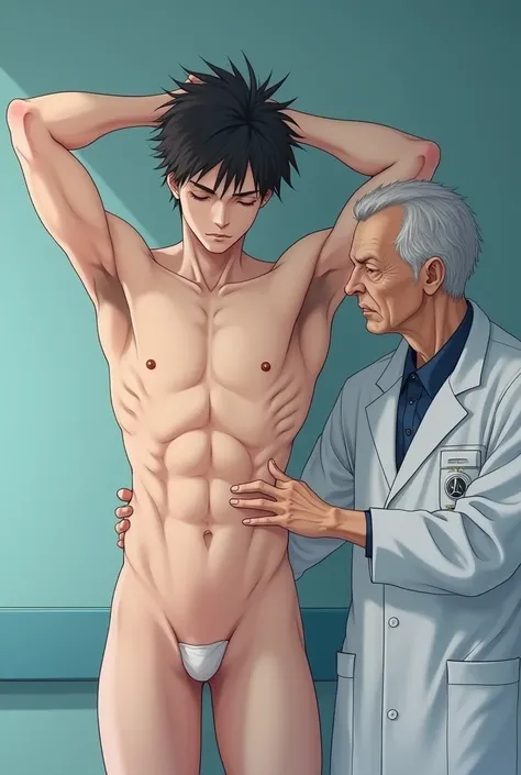 1boy、Handsome Men、Japanese male, 、Completely naked、Full nudity、erection、Huge penis、Highest quality、Realistic、beautiful、Sad look、Being examined at a hospital、An elderly doctor in a white coat next to him、Arms above head、Photo Quality