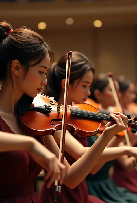 In a softly lit concert hall, several female musicians, deeply focused and synchronized, play their violins. The warm glow highlights the concentration on their faces and the graceful movements of their hands. Each violinist is engrossed in the musical pie...