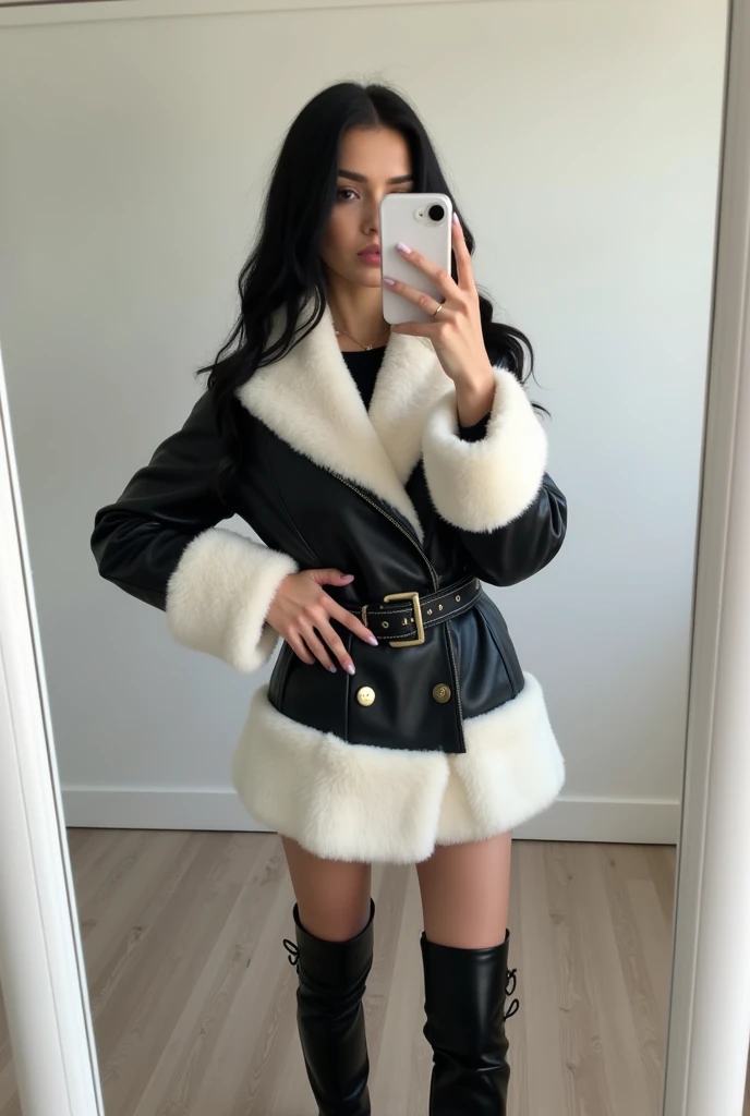 A girl wearing a belt strap short  jacket that is above her knees, the jacket is leather, the neck of the jacket is made of fur, and the sleeves of the jacket are made of white fur, she is wearing boots, and she has long black hair curved at the tips in a ...