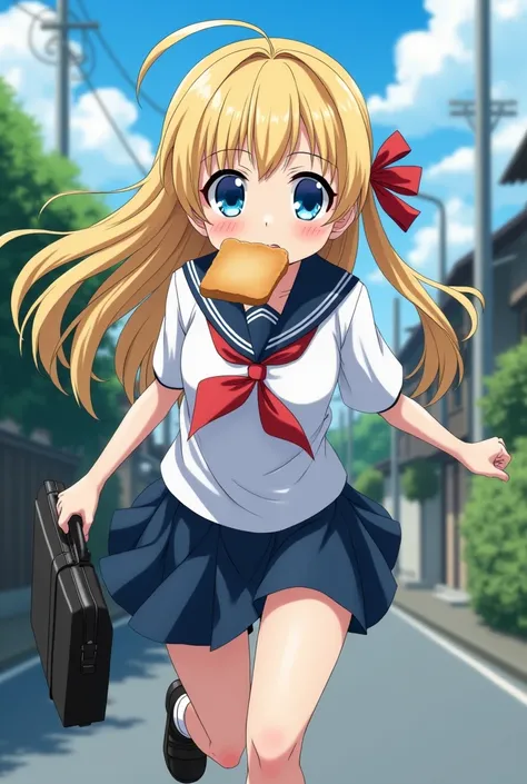 a Japanese schoolgirl late for school ,  running with a slice of bread in his mouth and a briefcase in his right hand,  Japanese school uniform , Long blonde cabelas with a red ribbon tying him ,  big blue eyes , anime style image, 4k full hd

