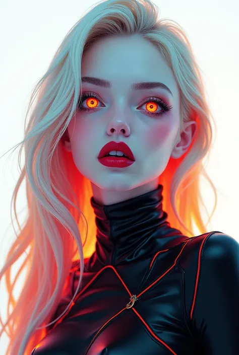  woman with long hair,  white with sparkles of color ,  golden eyes , pale skin and red lips ,  dressed in a black vinyl suit with neon colors, space age, Anime 2.0, Realistic