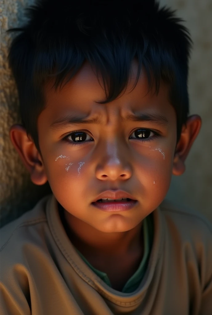 Indigenous Bolivian boy crying