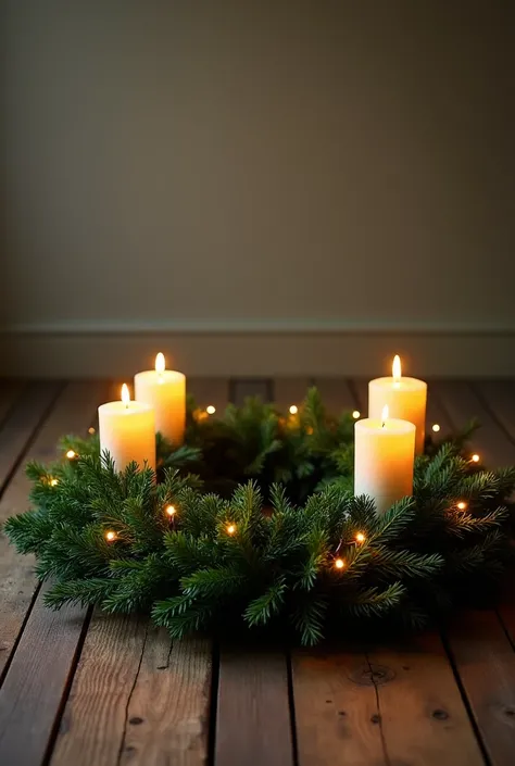 Advent wreath,  it is a circle of pine leaves with an empty center.  It is adorned with small yellow lights . The crown is on the old dark floor plus a little light.  We see it from a front perspective , neutral background.