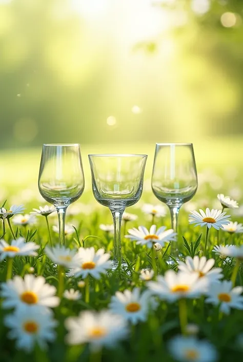  three glasses in a field of daisies