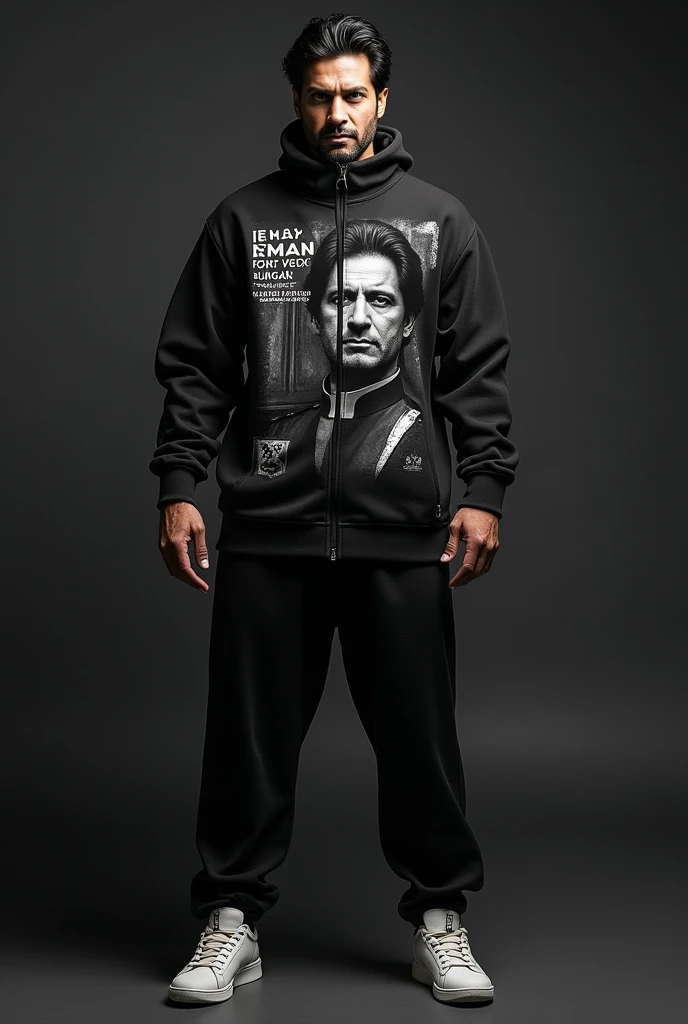 Create a dark, bold tracksuit design featuring a formal president of pakistan Imran Khan with high contrast and a modern aesthetic. It has a dramatic black-and-white portrait along with a motivational quote in a street-style font. Let me know if youd like ...