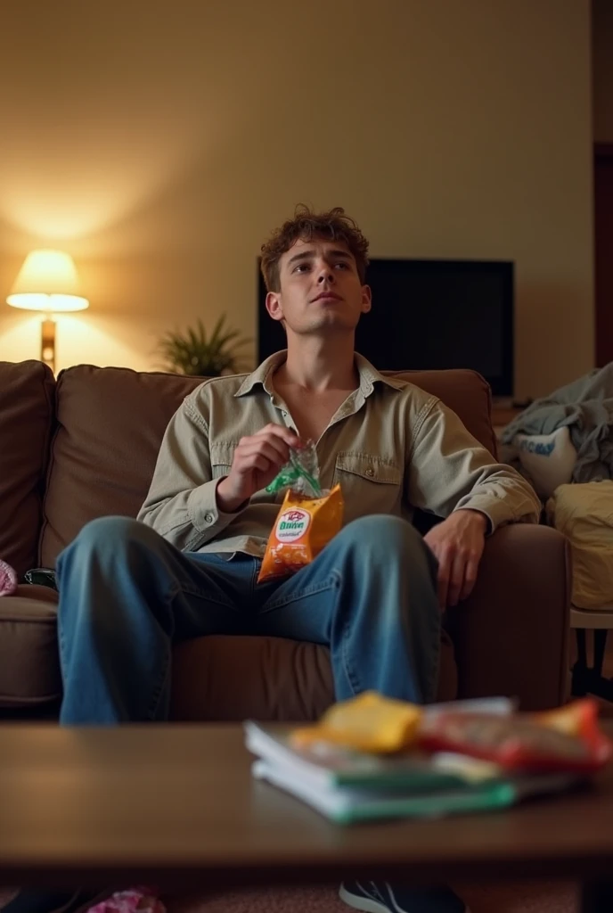  A lazy young man sitting on a messy couch in a simple room.  He is dressed in sloppy clothes ,  with a bag of chips in his hand . The environment has warm lights ,  a television on in the background ,  and the coffee table is filled with empty packages . ...