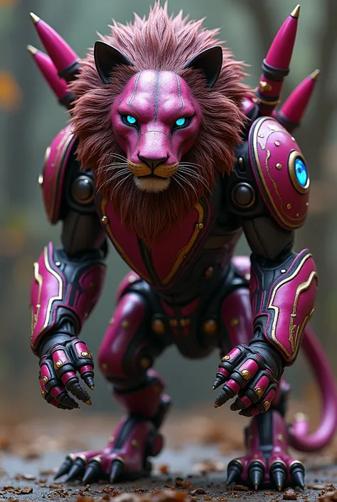 mechanical lion with missiles and rockets, blue eyes and painted in metallic magenta black and gold combination