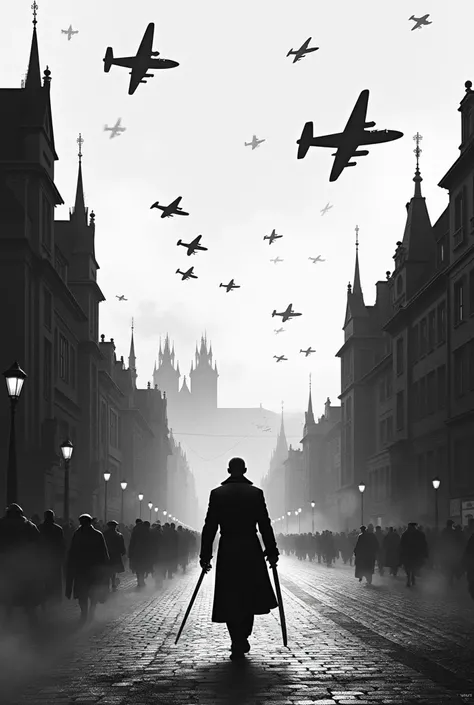 Prague in ww2 with 1000 luftwaffe planes in the big sky and 1 man with samurai sword in black suit in  the street in black and white filter like tattoo