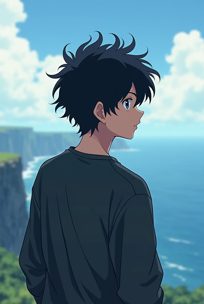  Create an ANIME STYLE man with messy black hair, black eyes looking at the Horizon from the back 