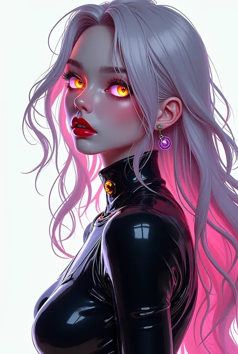  woman with long hair,  white with sparkles of color ,  golden eyes , pale skin and red lips ,  dressed in a black vinyl suit with neon colors, space age, Anime 2.0, Realistic