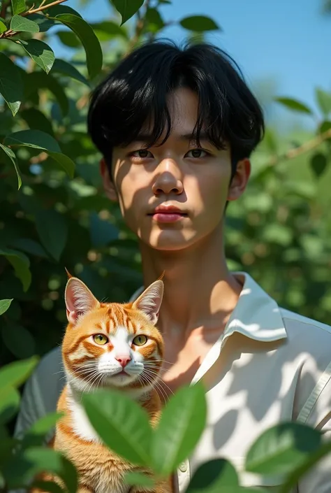 ultra realistic photo: A young man with short dark hair stands among dense green leaves. His face is illuminated by sunlight that creates natural shadows from the surrounding leaves, giving a dramatic effect. He is wearing a white shirt that contrasts with...