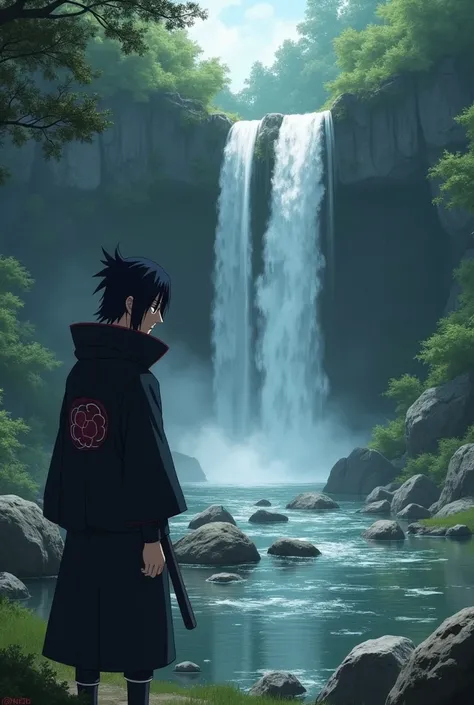 Itachi uchiha is sad in rivar and waterfall  sad staff and watching to rivar