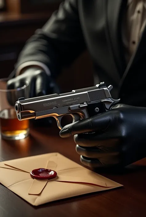 Just the hands of a man holding a chrome pistol . He wears black leather gloves , and in the background,  is a table with a whiskey glass and an envelope sealed with red wax.