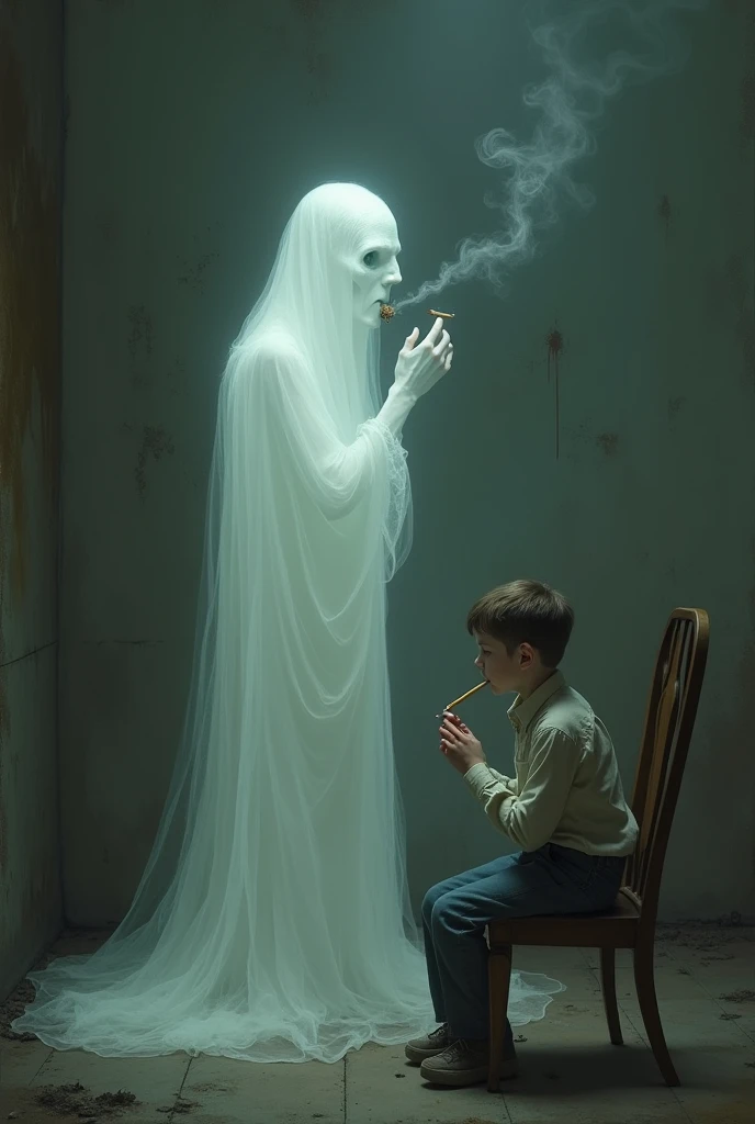 A ghost with a cigarette in his mouth, a boy ghost sitting on a chair smoking a cigarette