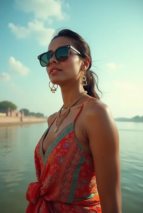 Low angle shot, high quality, 8K Ultra HD, captures (low angle: 1.3) a lifelike woman walking in the Ganges River. Realistic, she wears a colorful Indian dress made of woven cotton that adapts to her shape, oversized sunglasses protect her eyes, reflecting...