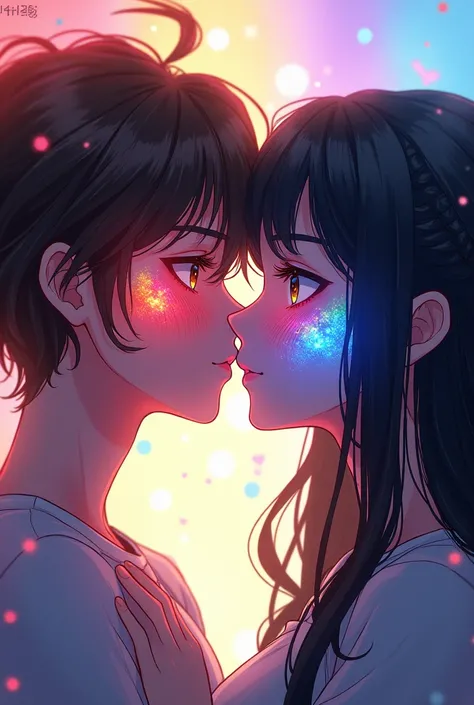 Two people kissing with the face of a rainbow anime
