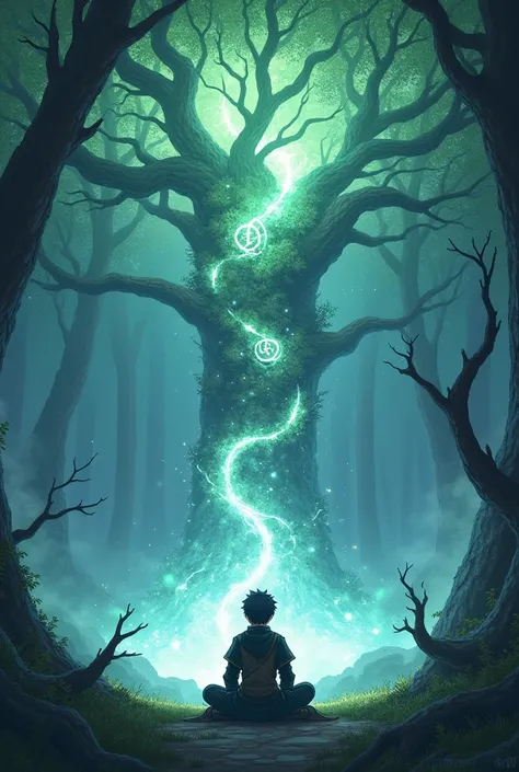 A picture of an Isekai character sitting in front of an enchanted tree
