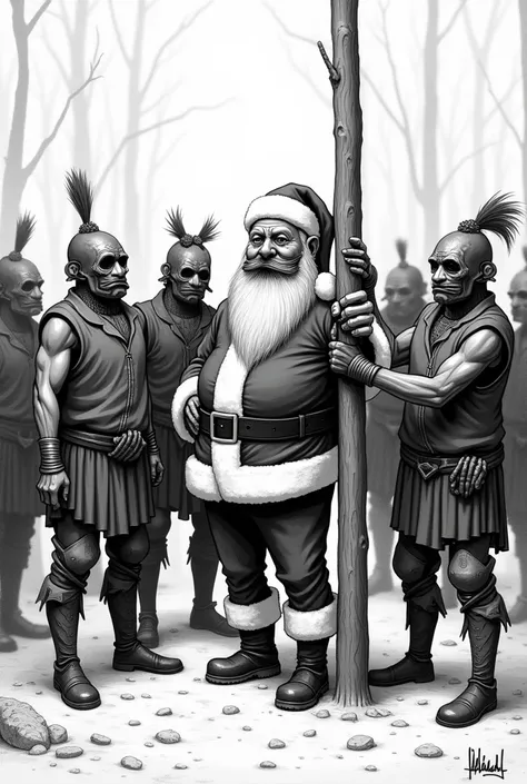 (1920s black and white pencil graphic cartoon style) Santaclaus tided to a pole his mouth is covered with cloths and he is surounded by flatland indian warriors. 