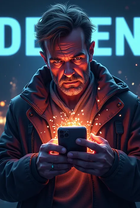 A crypto veteran pressing his phone with crypto asset popping out with a background that write DEGEN