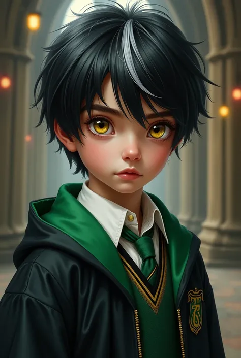  A white-skinned boy,  black-haired with silver tuft ,  golden eyes ,  dressed in Slytherins Hogwarts uniform,  realistic drawing style 