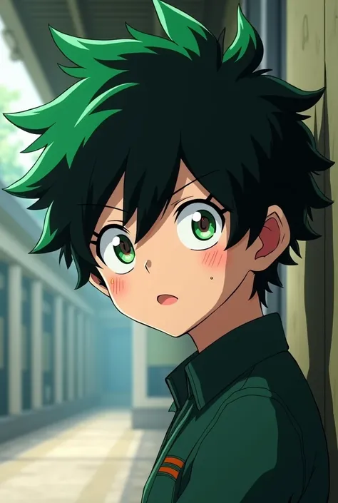  screenshot of my hero Academia.
 Boy with slightly long fluffy black hair .  With a disheveled fringe with several lime green tufts . 
 she has almond-shaped eyes ,  with lime green irises and phosphorescent red pupils , and he has reddish ears . 
 He has...