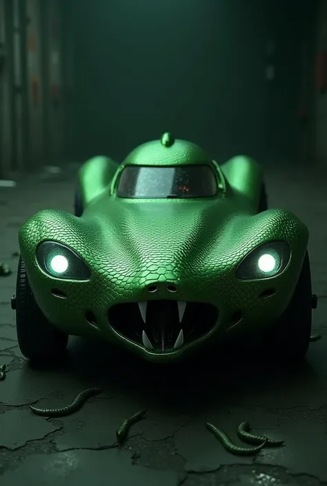  A green snake-shaped car with 4 wheels, scary car with snake parts  