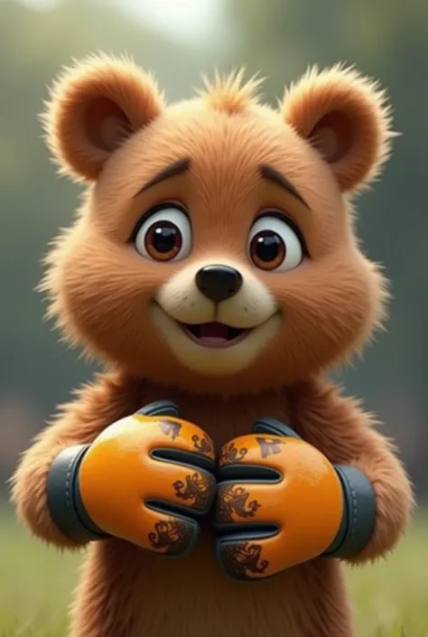 A mesmerizing close-up portrait with animation design of a small brown bear wearing soccer goalkeeper gloves