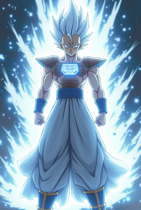 A picture of an Ultra instict fusion saiyan named Geoda with the tournament of power in the background white hair and eyes with white aura arround Dragon ball, Short Hair, 