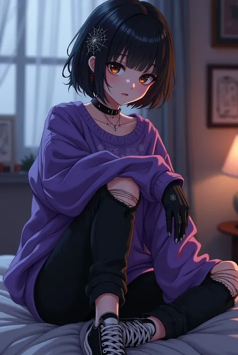  highest quality ,  very detailed , masterpiece,  anime style . An 18 year old girl ( short black hair with a fringe painted white , dark brown eyes)  dressed in a large purple womens sweatshirt with spider web details,  a ripped black pants ,  she is wear...