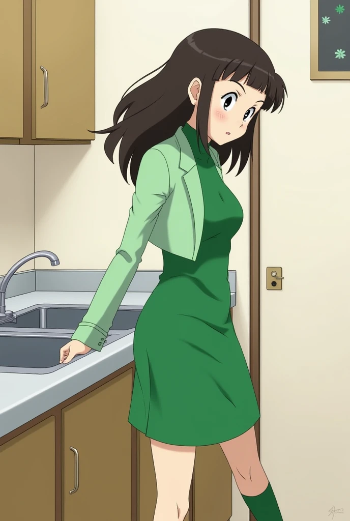 {{{mouri ran}}},{{{Detective Conan}}},{{{long hair}}},{{{official style}}},{{{adult}}},green dress,one-piece dress,turtleneck,green mini tightskirt, {light green cropped short jacket},green socks,sink,laundry,kitchen,bringing upper body to the sink,open,ba...