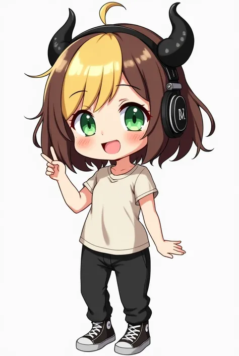 CHIBI girl with green eyes medium hair brunette and blond hair with dyed blond bangs is wearing a T-shirt and pants shoes sneakers on her head headphones black with horns she speaks 
anime stile