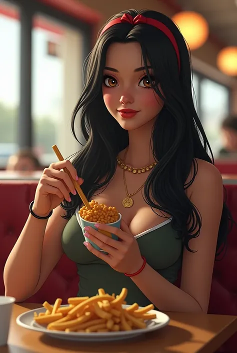 Snow White with long black hair, brown eyes wearing modern clothes and eating at McDonald 