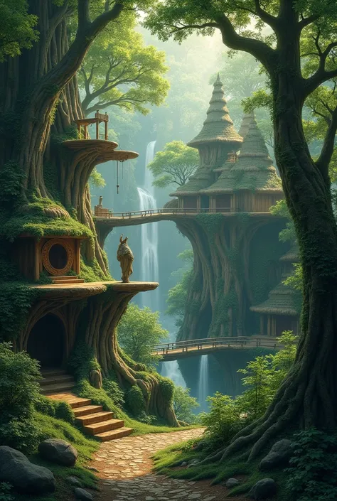 Create an image of a mystical forest elf city nestled deep within an ancient, lush forest. The city should be seamlessly integrated into the natural environment, with towering trees, interconnected treehouses, and bridges made of vines and natural material...