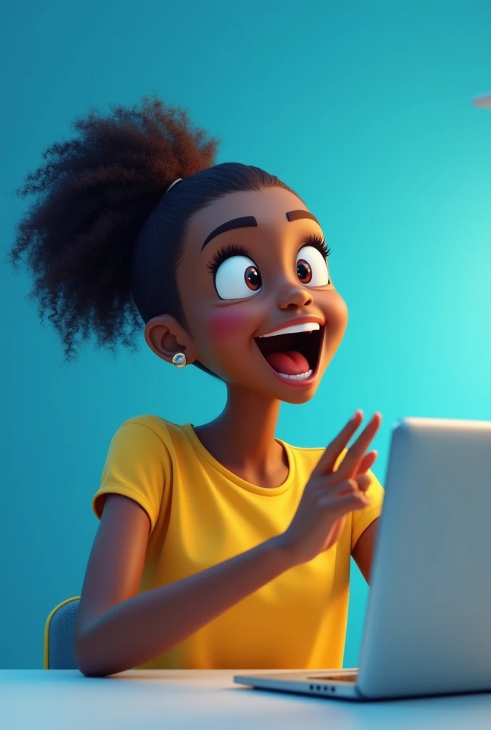 Je veux une image png
 de fille africaine tenant un ordinateur avec une connexion wifi et qui crie waouhhh
Fond bleu 