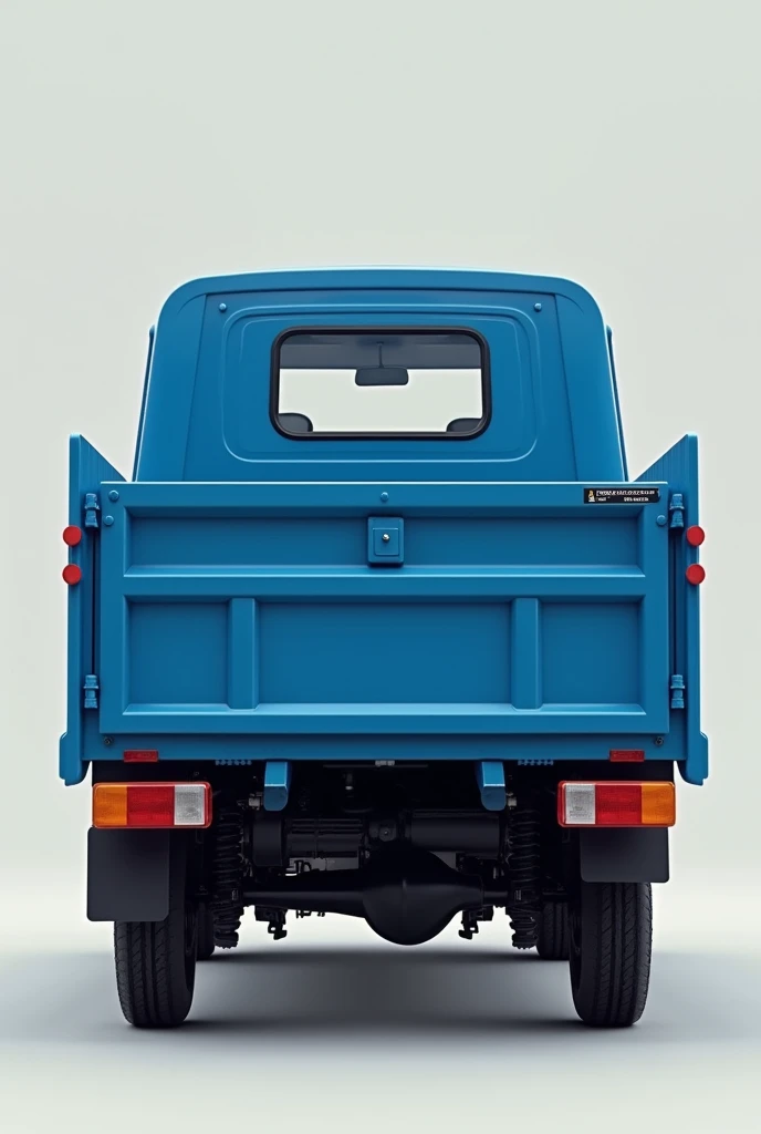 image of the back of a small blue dump truck