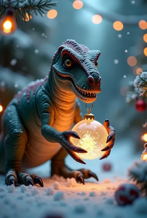 Boule de noël transparente dans les pattes d un dinosaure dans un décor de Noël 