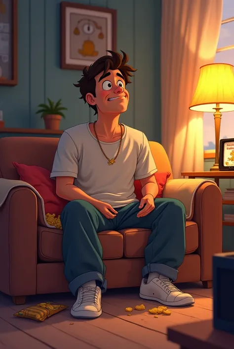  A lazy young man sitting on a messy sofa ,  in a simple and cozy room .  He wears loose and sloppy clothes ,  with a bag of chips in his hand and crumbs scattered around the coffee table.  The scene is illuminated with warm light , with a TV turned on in ...