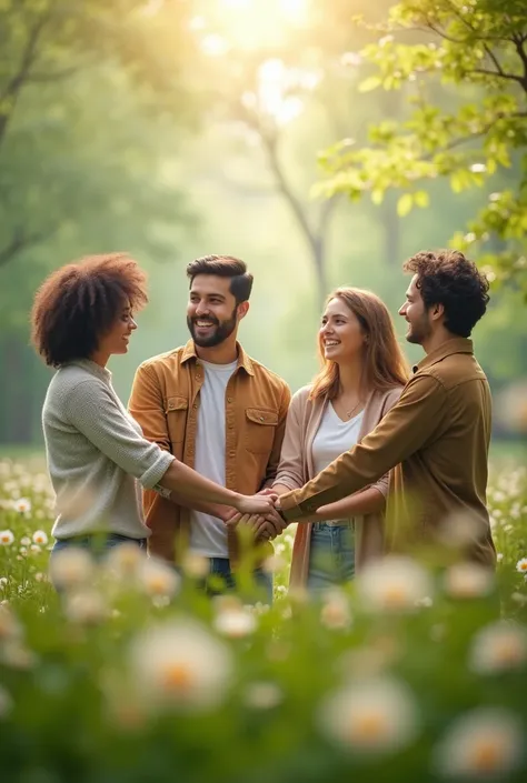 Photograph of 4 people, 2 men and two women, holding hands, smiling, in a forest, spring weather, flowers and colorful clouds. Dreamy atmosphere. Friendship, companionship and happiness. Ultra realistic image, 8K.