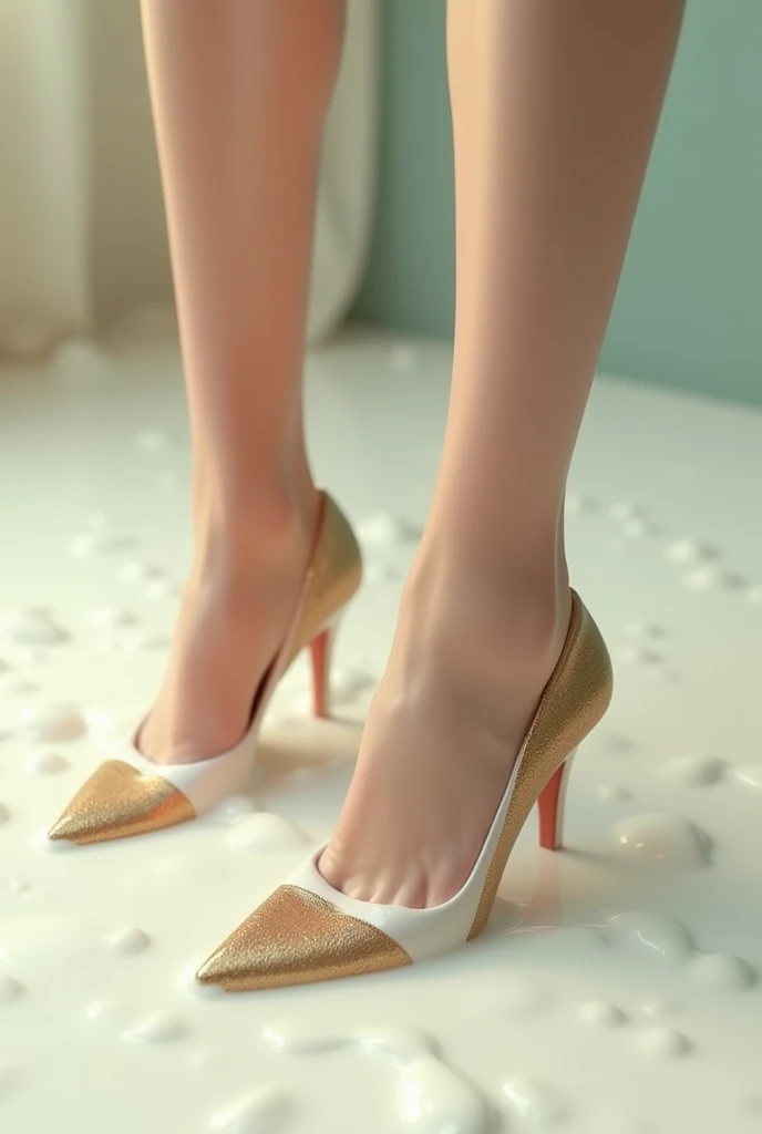 A pair of feet in high heels sticks to milk