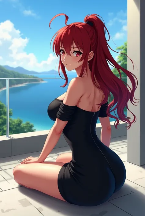 Dessin type Sword art online : une jeune fille brune,  almost redheaded , a little big, avec la même coupe de cheveux que Katherine Petrova de Vampire Diaries, Hyperboublés ,  is sitting on the floor of a large terrace on the third floor of a building read...