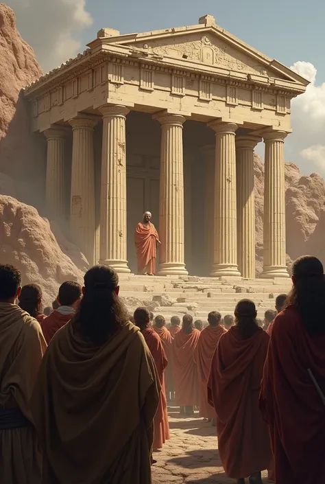 Spread of Christianity: A peaceful Christian gathering in stark contrast to a fading temple of Roman gods, symbolizing the shift in religious influence.