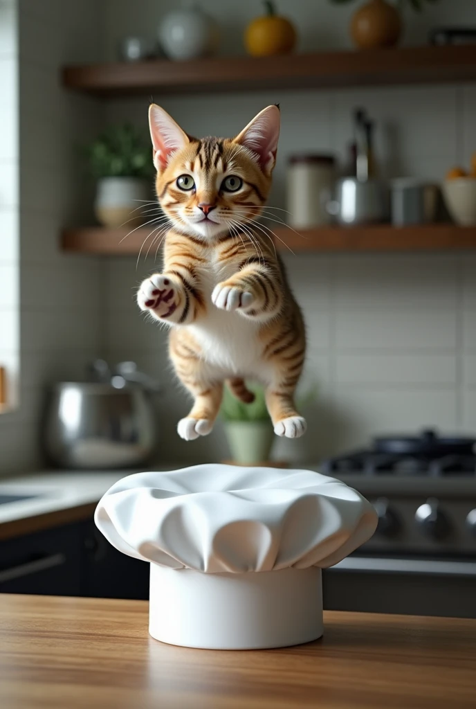 Make a cat float on top of a kitchen hat 