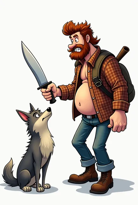 CREATE A PNG PICTURE OF A HUNTER WITH HIS KNIFE IN HIS HAND TRYING TO CUT A WOLF WITH HIS SWOLLEN STOMACH, THE IMAGE MUST BE A CARTOON WITHOUT A BACKGROUND