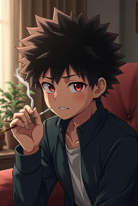  screenshot of my hero Academia.
Genre:man.
eyes:Ruby red
Hair:Fluffy chocolate brown.
 expression:It would be y Tired . 
Scenery: living room ,  sitting on a couch smoking.