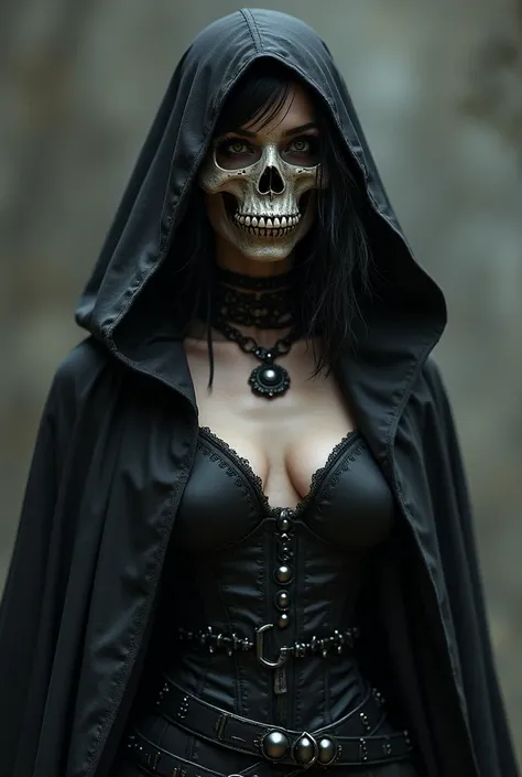 A full-bodied woman standing in black skull clothes and with a skull mask covering only her mouth and short black hair with a hood on top and dark brown eyes a great image
